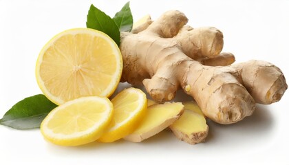 Generated image of ginger root and pieces of fresh lemon on white background 