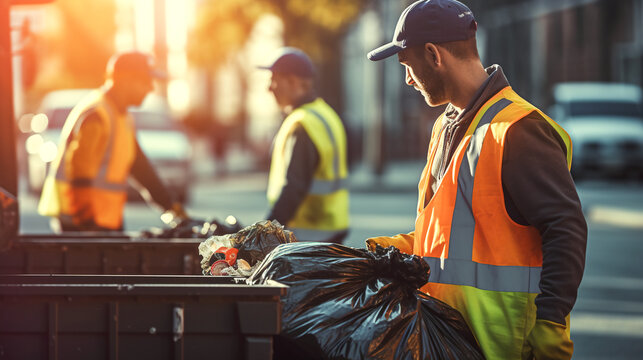 City cleaning and waste management services professional picking up black garbage bags on the streets.