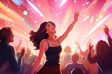 Happy smiling woman dancing and having fun in nightclub with friends at party