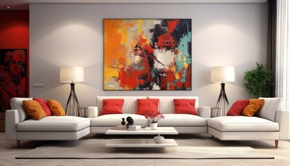 Modern design interior room with sofa, paintings and furniture, white, black and orange colors