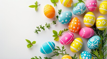Fototapeta na wymiar Easter decoration colorful eggs on white background with copy space. Beautiful colorful easter eggs. Happy Easter. Isolated.