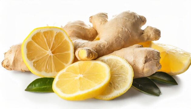 Generated image of ginger root and pieces of fresh lemon on white background