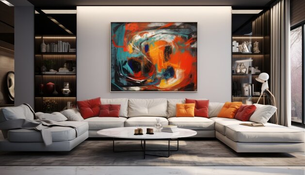 Modern design interior room with sofa, paintings and furniture, white, black and orange colors