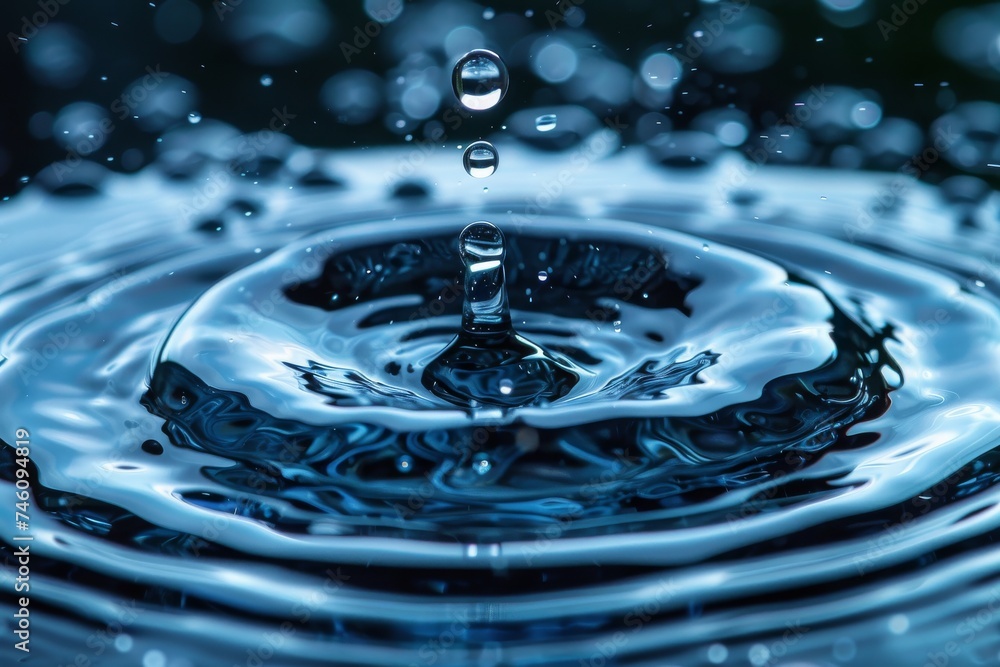 Poster an exquisitely timed micro shot of a single water droplet creating a symmetrical ripple effect on a 