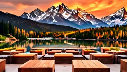 Poster Mountains, river, snow, sunset, Park, lake view, green, ecosystem, climate change, sunset in the mountains © Moo