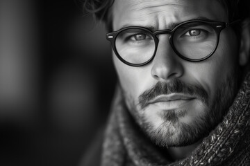 Handsome man in spectacles, portrait, black and white 