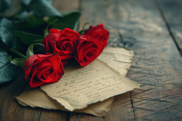Love Letters and Red Roses on Vintage Table 