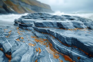 Intriguing layered blue rock formations exposed on a rugged beach during a stormy day, illustrating geological wonders - Powered by Adobe