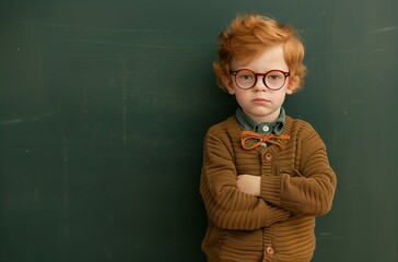 The boy in glasses in front of a blackboard. Created by artificial intelligence. 