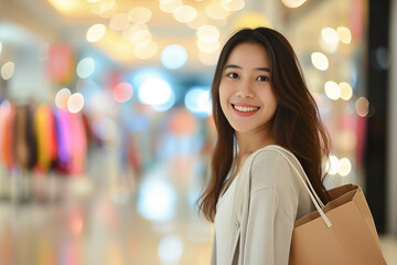 Obraz premium Shopping woman, copy space of a young girl inside a fashionable clothing store, day at the mall with a smile