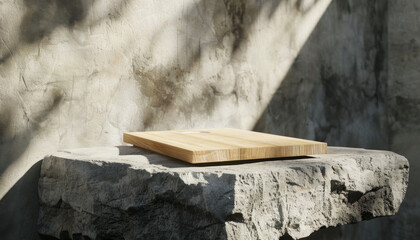 Cutting board floating above a grey concrete slab, cutting board falling on a grey stone, 
