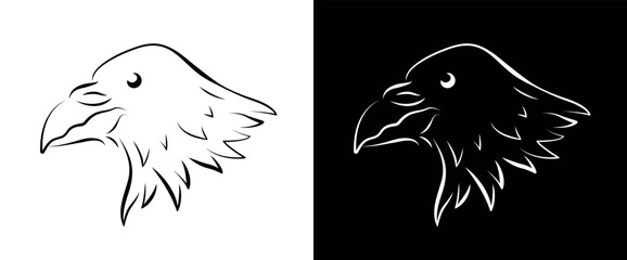 Line drawing raven head. Simple isolated head of a bird, crow. Hand drawn graphic element, bird part for design of icon, symbol, sign, logo, etc. Vector black and white illustration.