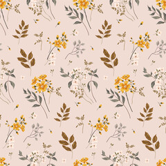Seamless floral pattern, abstract ditsy print, flower ornament in classic vintage style. Elegant botanical design: small hand drawn yellow flowers, leaves, branches. Vector illustration.