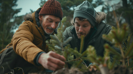 Caucasian father and son planting trees in the forest.