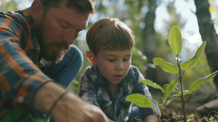 Caucasian father and son planting trees in the forest. - obrazy, fototapety, plakaty