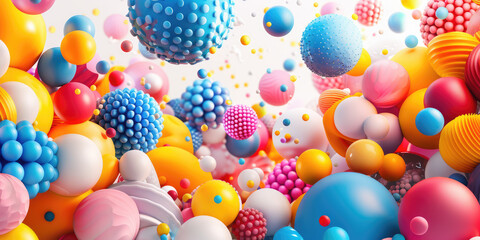 A playful explosion of 3D-rendered spheres in a variety of colors and textures creates a festive and whimsical visual celebration.