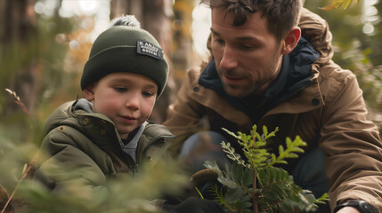 Caucasian father and son planting trees in the forest. - obrazy, fototapety, plakaty