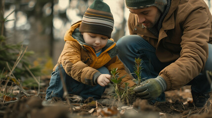 Caucasian father and son planting trees in the forest.