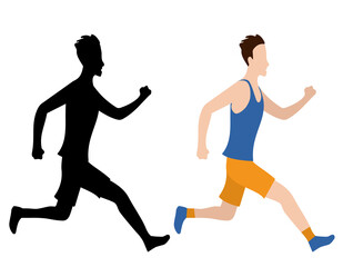 Fototapeta na wymiar Running man and his silhouette. Active people, fitness, sports movement. Side view. Jpeg illustration in flat design