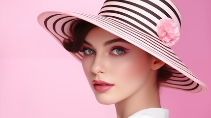 Beautiful girl model with hat on pink background.
