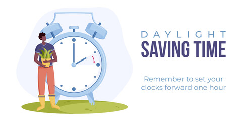 Daylight saving time begins. Spring forward web banner, poster. Vector illustration with alarm clock in minimalist style and man in african ethnicity with pot of flower in hands in flat style. - obrazy, fototapety, plakaty