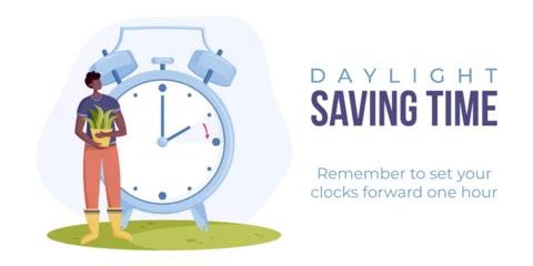 Foto op Canvas Daylight saving time begins. Spring forward web banner, poster. Vector illustration with alarm clock in minimalist style and man in african ethnicity with pot of flower in hands in flat style. © MURAVAdesign