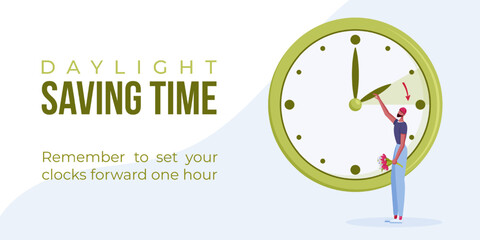 Daylight saving time begins. Spring forward web banner, poster. Vector illustration with indian man with bouquet of flowers in hand turning clock hour ahead. - obrazy, fototapety, plakaty