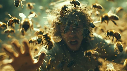 Fotobehang The Bees Attack. Attack of a swarm of bees on a person © taraskobryn
