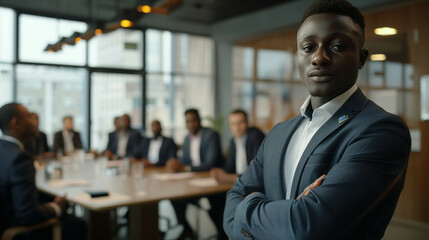 African male businessman stands in front of a conference table and poses with confidence in the office.