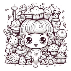 cute baby girl super coloring book page, white background