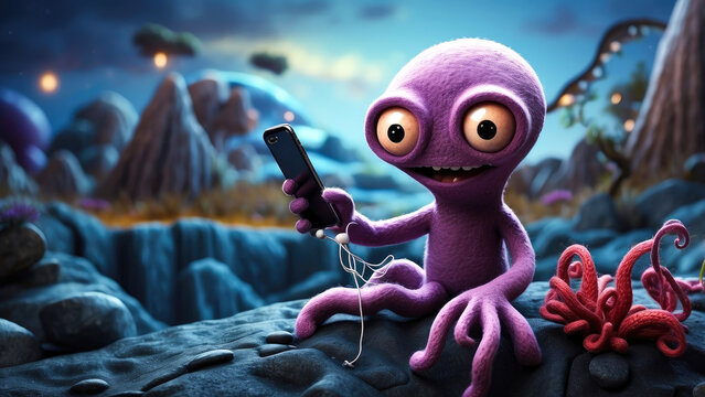 portrait of extraterrestrial felt puppet with big bulging eyes and a funny expression using smart phone in a fantasy environment