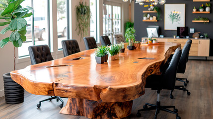 Uma grande mesa de reuniões feita de tronco de árvore