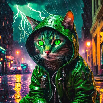 Gato de olhos verdes misterioso com capuz vagando pelas ruas da cidade a noite sentado na chuva com raio atr&aacute;s dele.