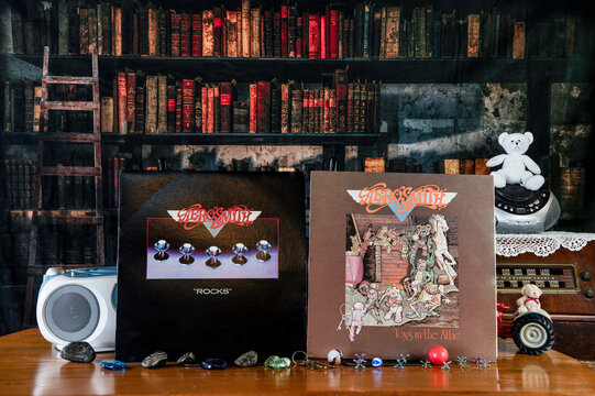 Chambersburg Pennsylvania USA 2-25-2024 Aerosmith rock band vinyl record albums isolated with old library background
