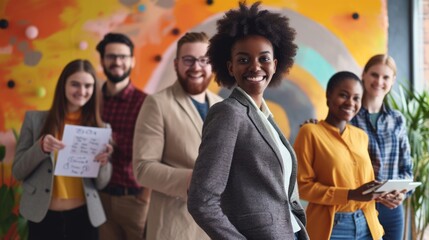 A cheerful group of young professionals uses tablets in front of a colorful mural, radiating creativity and collaboration. AIG41