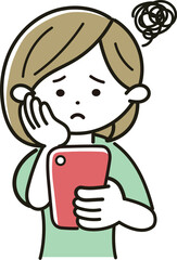 スマホを持って困っている女性のベクターイラスト