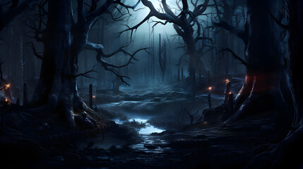 forest in realistic haunted forest creepy landscape at night,
Realistic halloween background with creepy landscape of night sky fantasy forest in moonlight