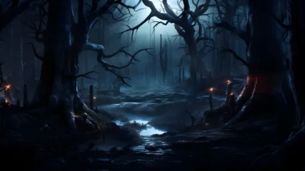 Foto op Plexiglas forest in realistic haunted forest creepy landscape at night, Realistic halloween background with creepy landscape of night sky fantasy forest in moonlight © Amjid
