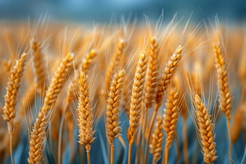 Close-up of ripe golden wheat ears with detailed textures against a soft-focus blue background,...