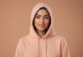 A woman in a peach hoodie presents a relaxed and casual style. Her subtle smile and warm attire suggest comfort and ease.