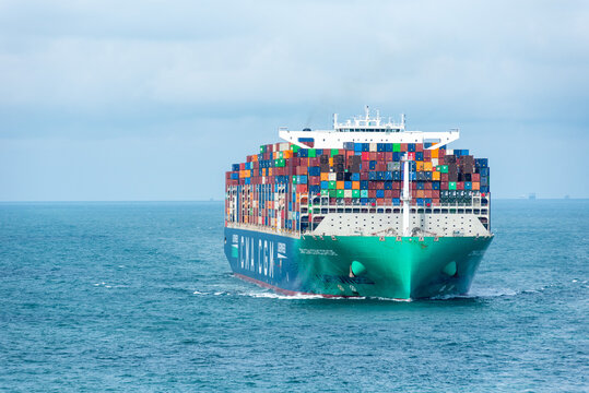 "CMA CGM CONCORDE" lng powered large container ship sailing through the calm ocean. She was built in 2021, sailing under flag of France.