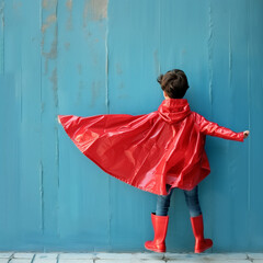 Funny little power super hero child (boy) in a red raincoat. Superhero concept.
