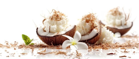 Several cut heads with grated coconut on top, coconut next to frangipani flowers, and mint leaves as decoration. Coconuts on a white background. Created with Generative AI.