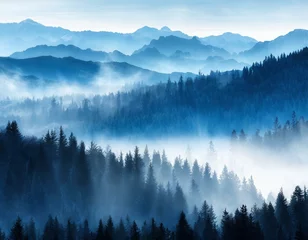 Papier Peint photo Forêt dans le brouillard Misty mountain and forest landscape nature background with fog