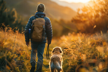 In the warm glow of the sunset, a hiker and his faithful dog explore the golden beauty of the countryside. - obrazy, fototapety, plakaty