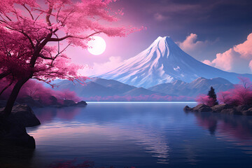 a mountain with pink flowers and a lake