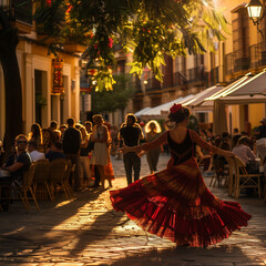 Flamenco Dancer Captivating Audience in Sunlit Spanish Square