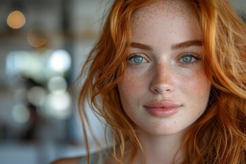 A natural red-haired woman facing away showing her loose curly hair, personal care and hair concept