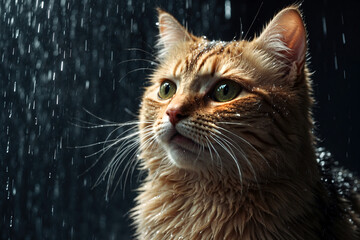 Cute yellow cat in rain shower all wet and annoyed
