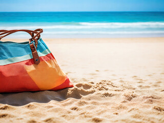 Beach bag in sand in tropical tourist resort by the ocean
